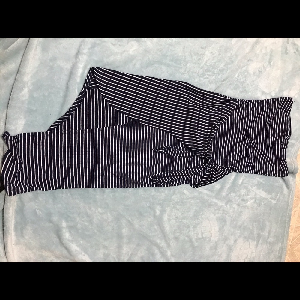 Navy blue and white strapless fitted dress